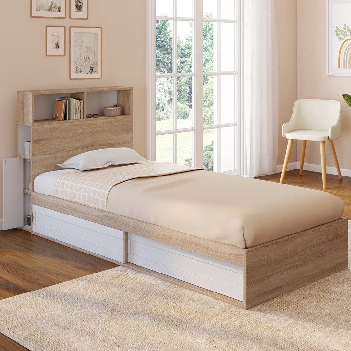 ¡Cama individual 90x190 haya y blanco con almacenaje y cabecero - CLEM | Zen Cart! IDMarket
