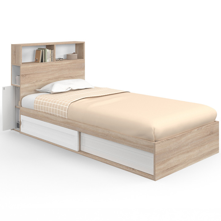 ¡Cama individual 90x190 haya y blanco con almacenaje y cabecero - CLEM | Zen Cart! IDMarket