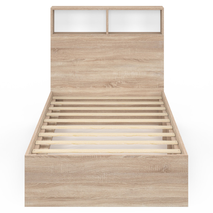 ¡Cama individual 90x190 haya y blanco con almacenaje y cabecero - CLEM | Zen Cart! IDMarket