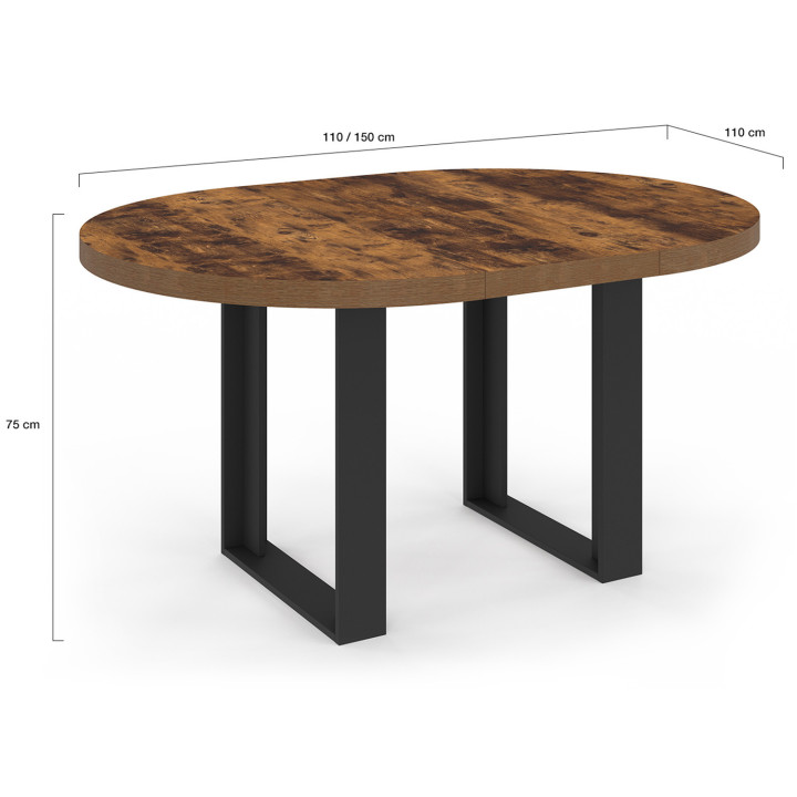 Mesa de comedor redonda extensible 4-6 personas madera oscura efecto envejecido y negro - PHOENIX | IDMarket