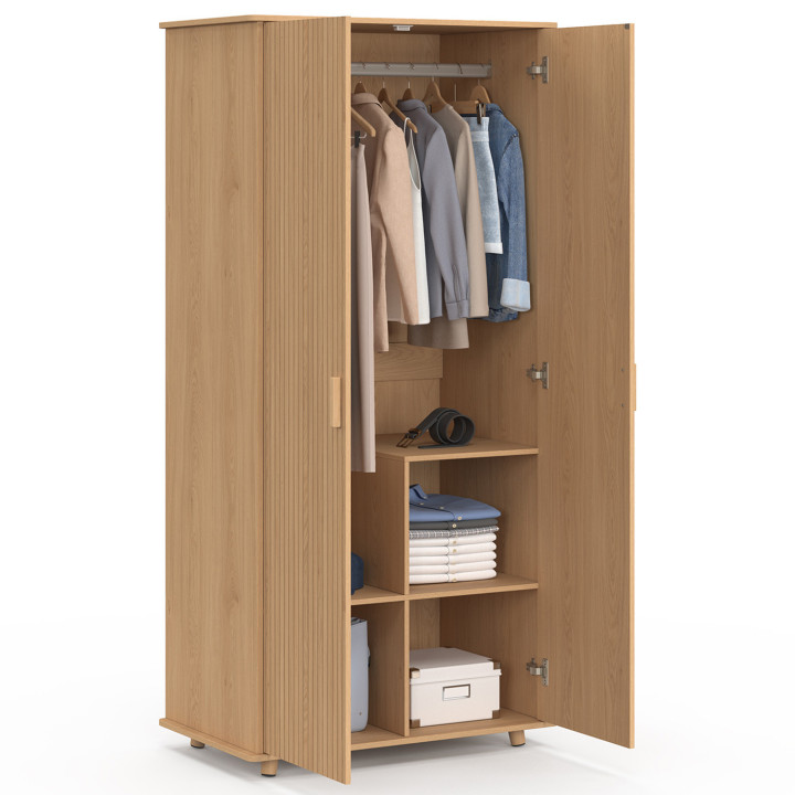 Armoire 2 portes JULIETTE effet lattes penderie 80 cm avec étagères rangement