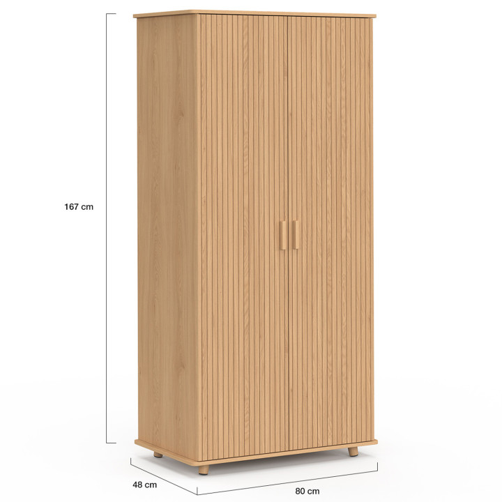 Armoire 2 portes JULIETTE effet lattes penderie 80 cm avec étagères rangement