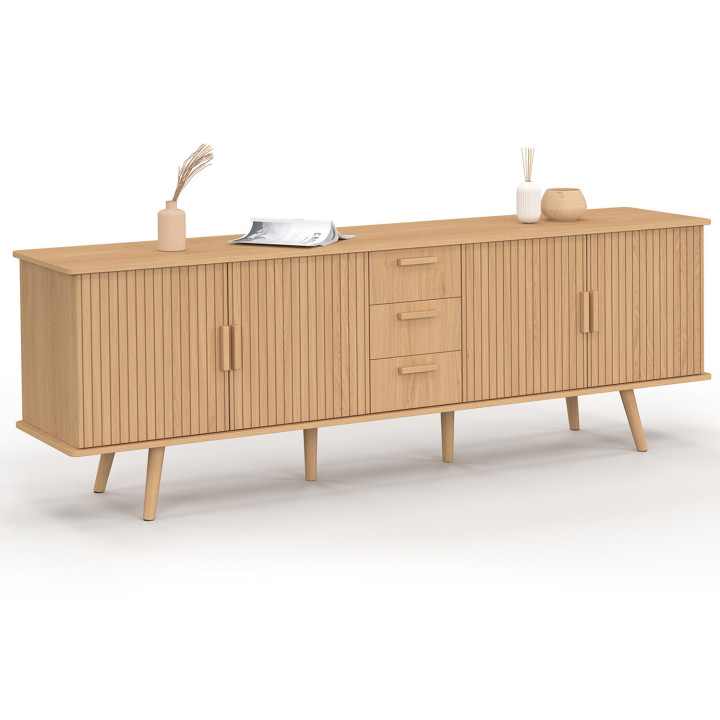 Buffet 180 cm JULIETTE XXL 4 portes effet lattes et 3 tiroirs