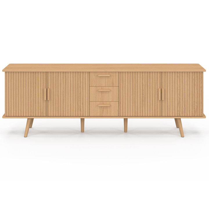 Buffet 180 cm JULIETTE XXL 4 portes effet lattes et 3 tiroirs