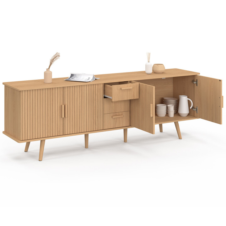 Buffet 180 cm JULIETTE XXL 4 portes effet lattes et 3 tiroirs
