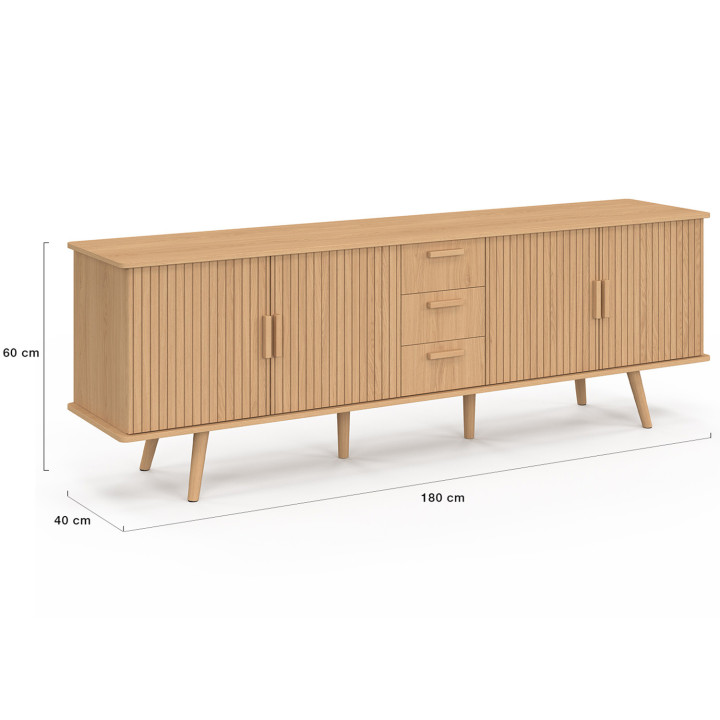 Buffet 180 cm JULIETTE XXL 4 portes effet lattes et 3 tiroirs