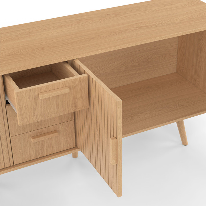 Buffet 180 cm JULIETTE XXL 4 portes effet lattes et 3 tiroirs