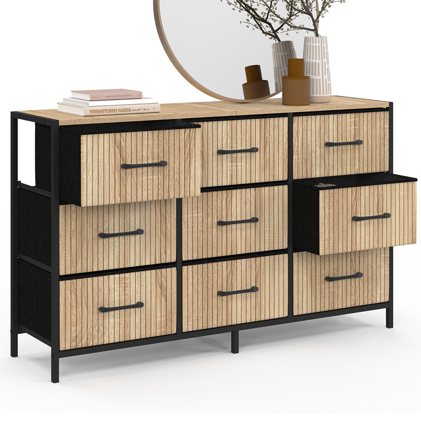 Kommode mit 9 Schubladen aus Stoff UTAH 115 CM Latteneffekt Aufbewahrungsmöbel Industriedesign