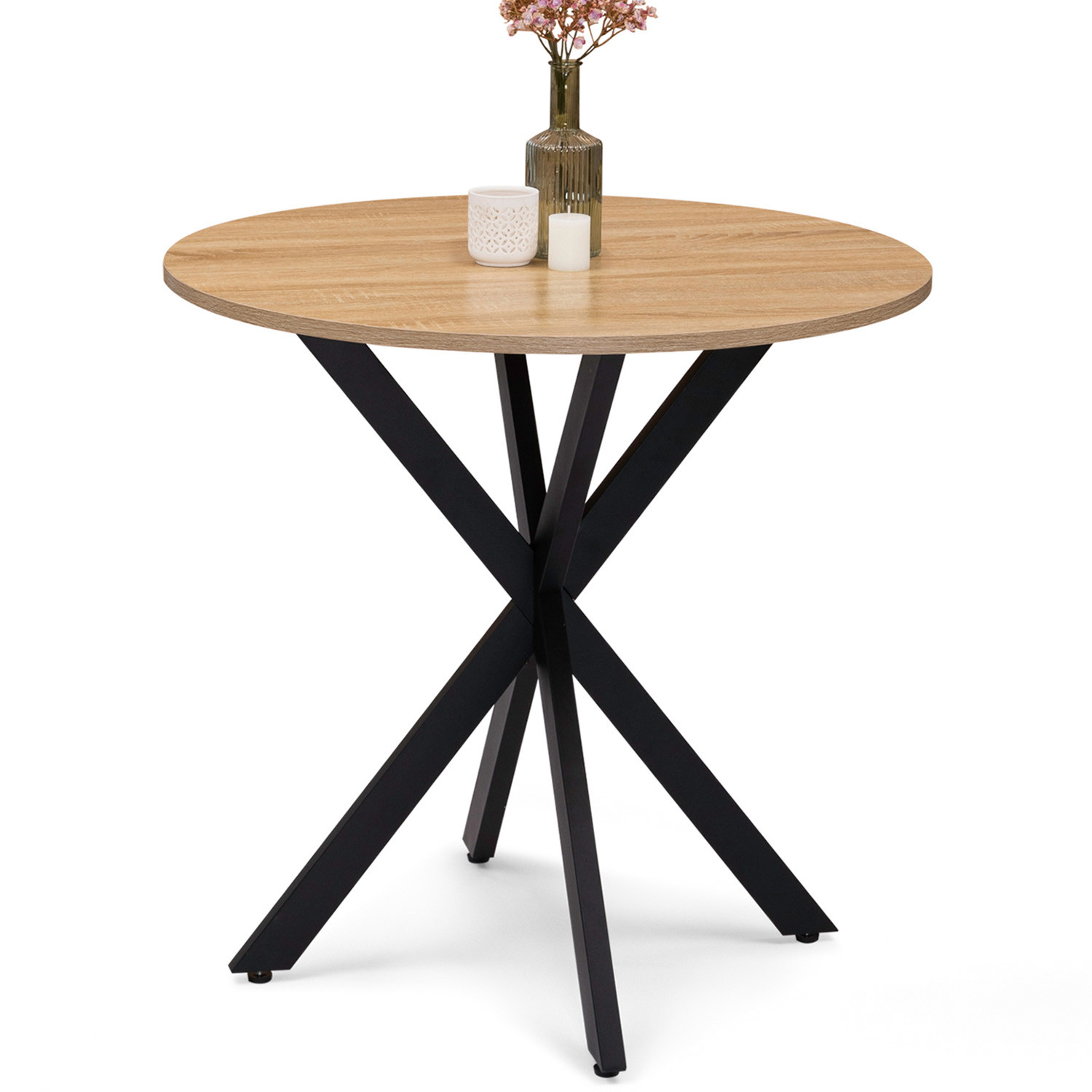 Table pied araignée ronde bois et métal noir 80 cm