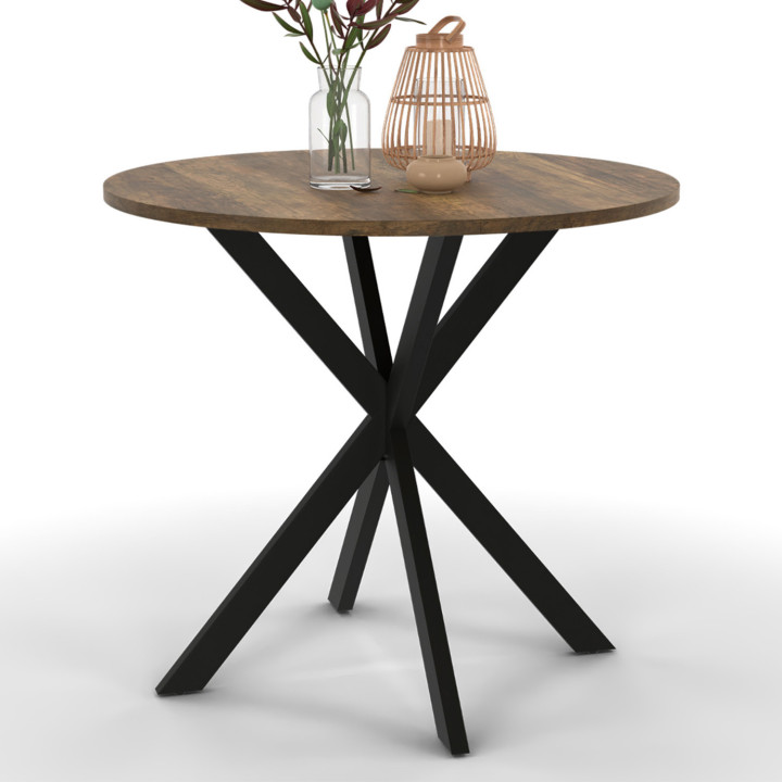 Mesa de comedor redonda 80 cm madera oscura y negra (2-4 personas) - ALIX | ID Market