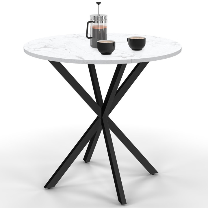 Table à manger ronde ALIX 4 personnes pied araignée noir plateau effet marbre blanc ALASKA 80 cm