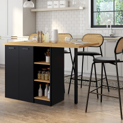 Isla central de 140 cm en madera negra con encimera efecto haya - CESAR | ¡Zen Cart! IDMarket