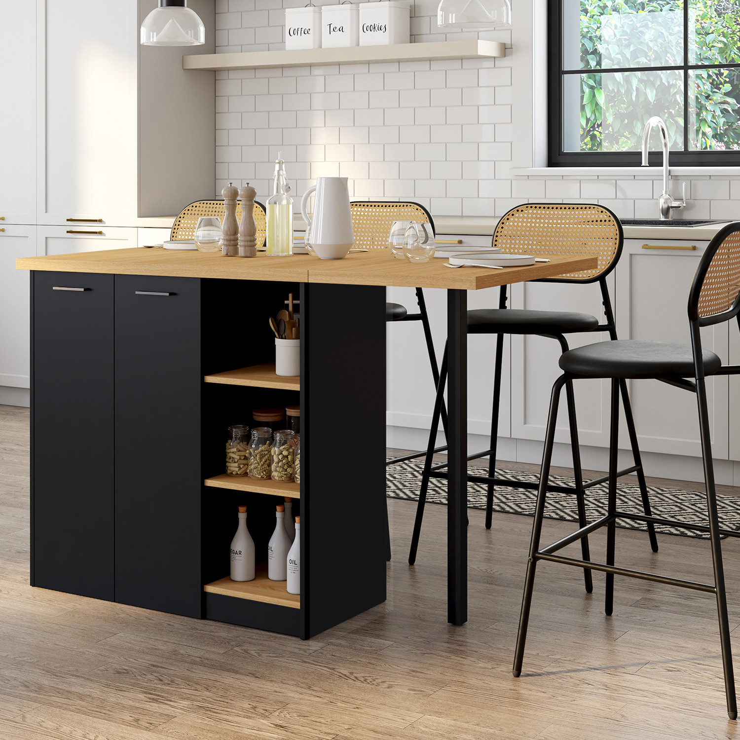Ilot central 140 cm bois noir avec plan de travail façon hêtre