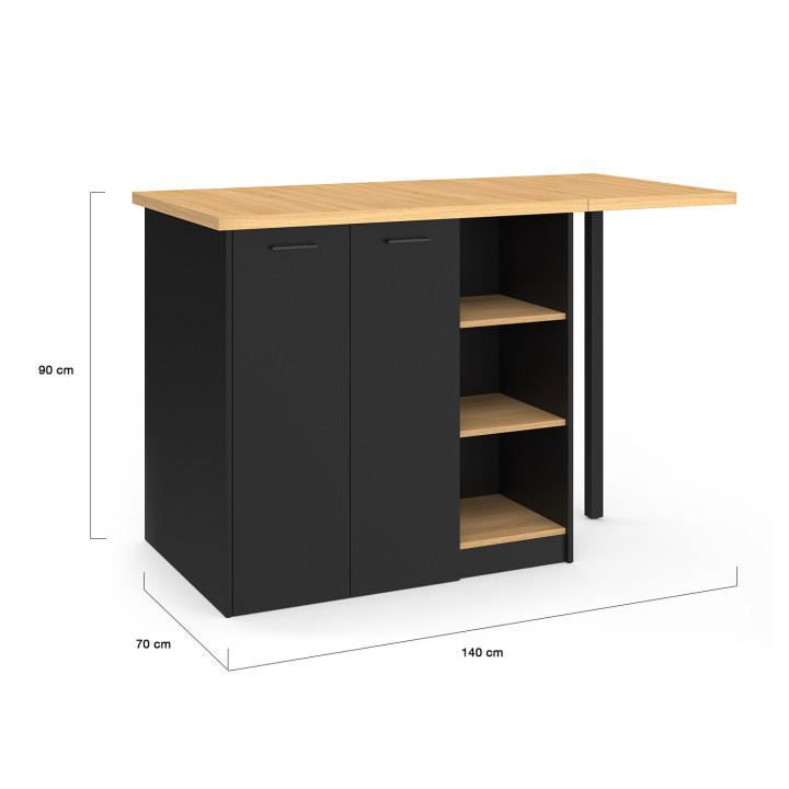 Isla central de 140 cm en madera negra con encimera efecto haya - CESAR | ¡Zen Cart! IDMarket
