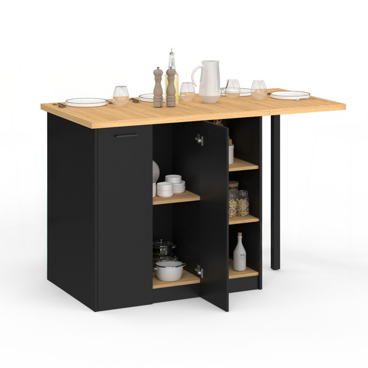Isla central de 140 cm en madera negra con encimera efecto haya - CESAR | ¡Zen Cart! IDMarket