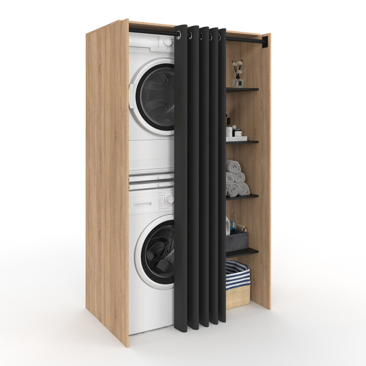 Mobile lavatrice doppio in legno e nero con tenda scorrevole - WALLIS | ID Market