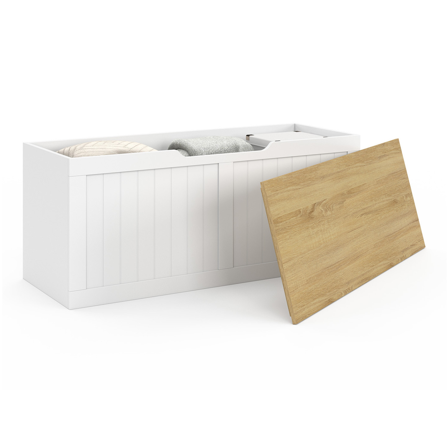 Panca Cassettiera D'Ingresso LEO In Legno Bianco Con Cuscino Grigio - Scarpiera, Seduta, 100x40x50 Cm, Design Scandinavo