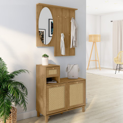 Guardarropa de entrada de madera natural efecto caña con espejo, zapatero y almacenaje - HANAE | ID Market