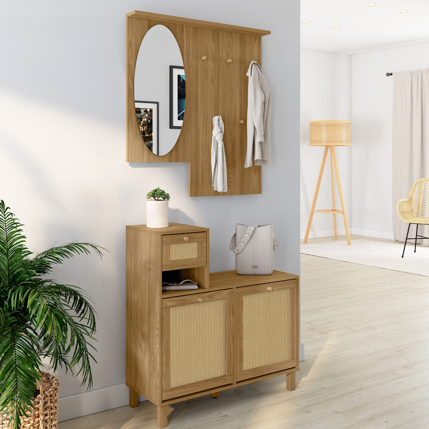 Vestiaire d'entrée avec miroir, placard à chaussure et rangements en bois effet naturel cannage