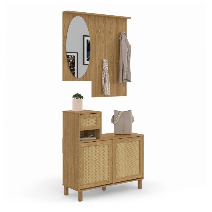 Guardarropa de entrada de madera natural efecto caña con espejo, zapatero y almacenaje - HANAE | ID Market