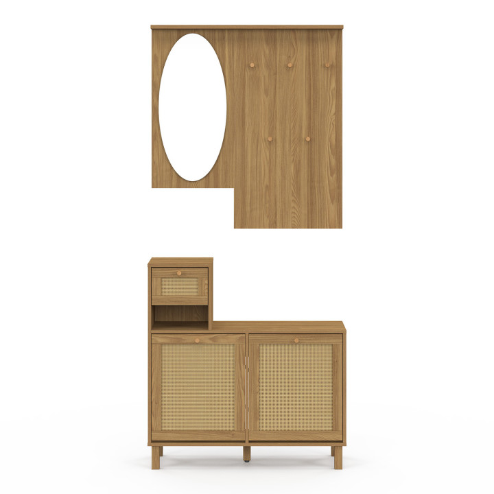 Guardarropa de entrada de madera natural efecto caña con espejo, zapatero y almacenaje - HANAE | ID Market