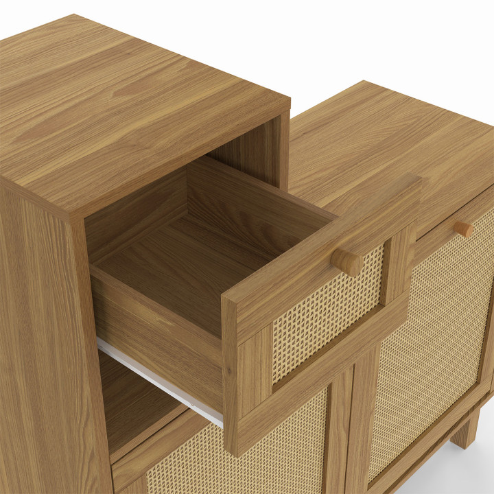 Guardarropa de entrada de madera natural efecto caña con espejo, zapatero y almacenaje - HANAE | ID Market