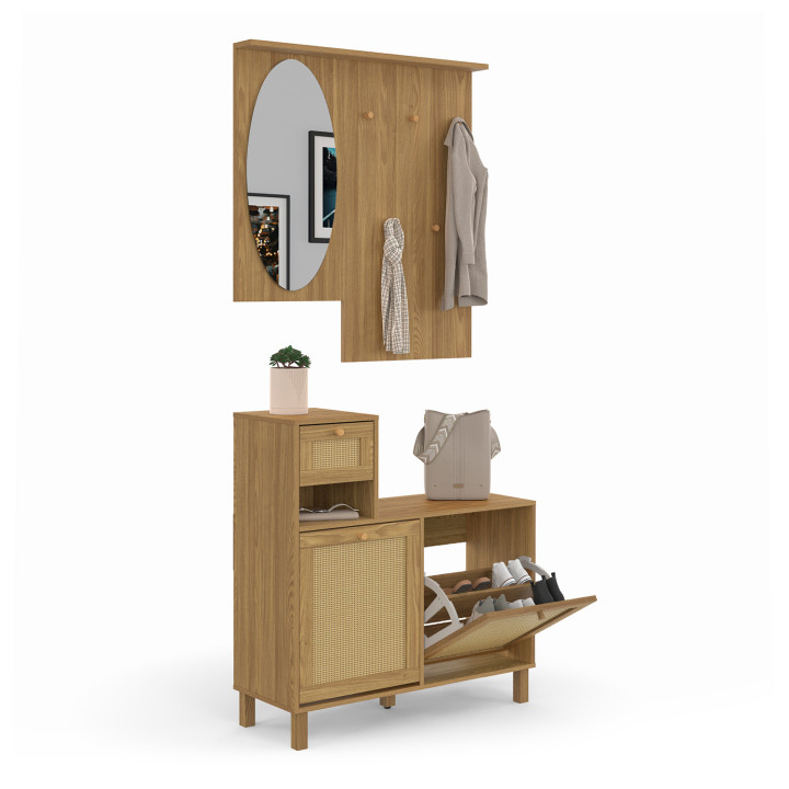 Guardarropa de entrada de madera natural efecto caña con espejo, zapatero y almacenaje - HANAE | ID Market