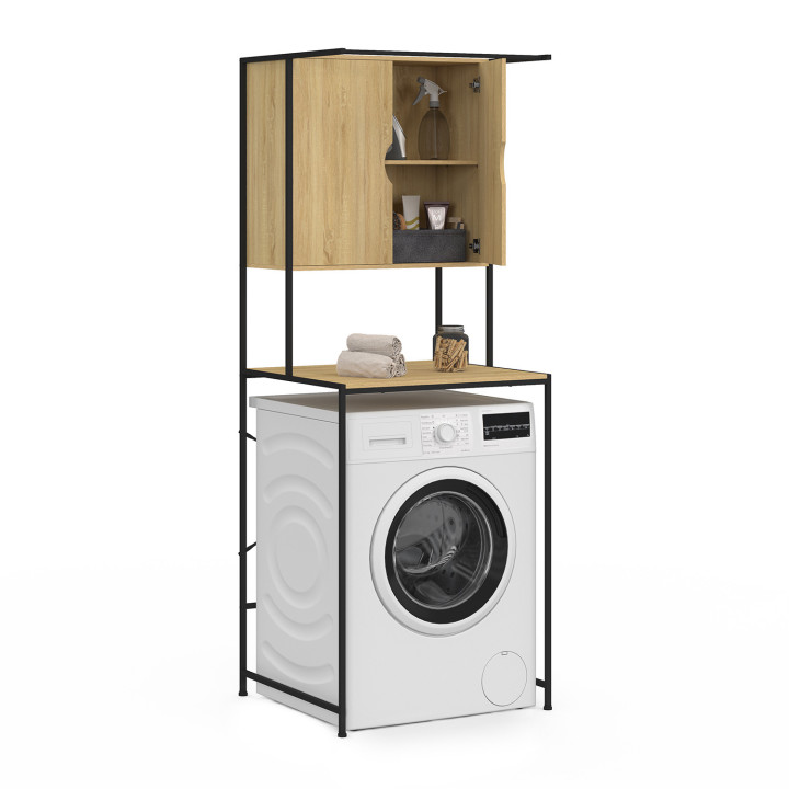 Meuble De Rangement Dessus Machine à Laver Detroit - Dimensions 60x66x180 Cm, Style Industriel Bois Et Métal - Placard, étagères, Barre De Penderie - À Fixer Au Mur
