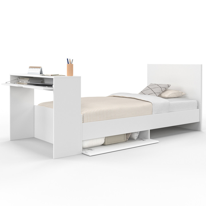 ¡Cama individual blanca 90 x 190 cm con almacenaje, somier, cabecero y escritorio - OMAHA | Zen Cart! IDMarket