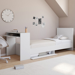 Einzelbett OMAHA 90 x 190 cm mit Lattenrost, Kopfteil, Schreibtisch und Ablagen weiß