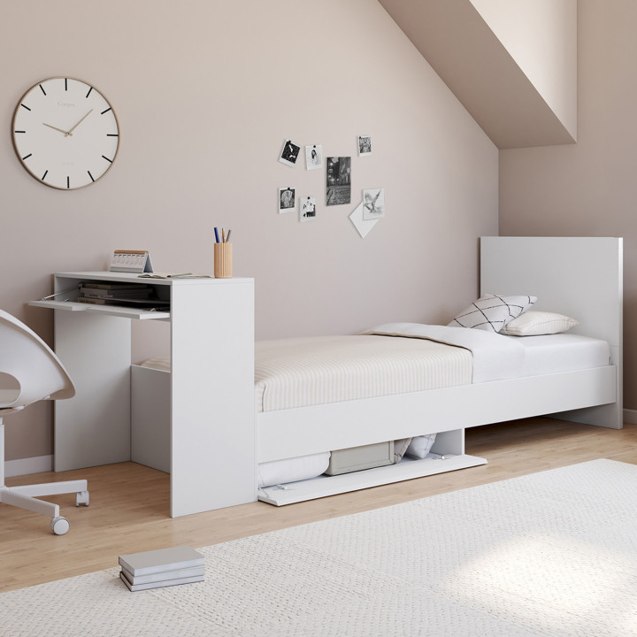 Einzelbett OMAHA 90 x 190 cm mit Lattenrost, Kopfteil, Schreibtisch und Ablagen weiß