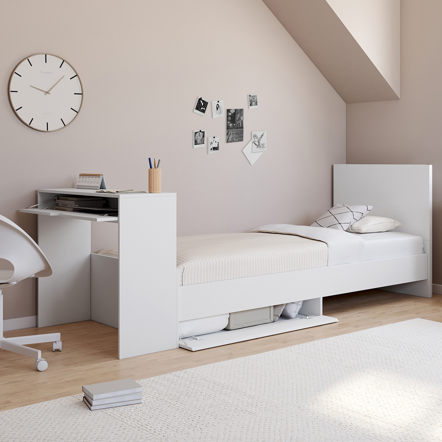 Lit simple blanc 90 x 190 cm avec rangements, sommier, tête de lit et bureau