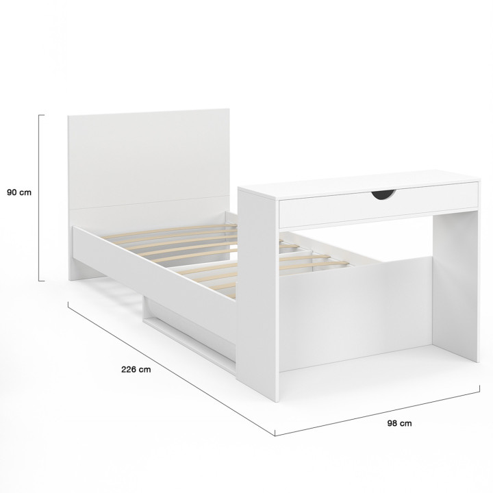 Einzelbett OMAHA 90 x 190 cm mit Lattenrost, Kopfteil, Schreibtisch und Ablagen weiß