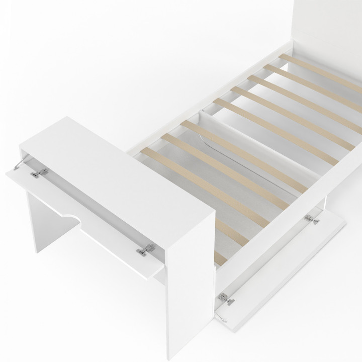 OMAHA 90 x 190 cm eenpersoonsbed met boxspring, hoofdbord, bureau en witte opbergkasten