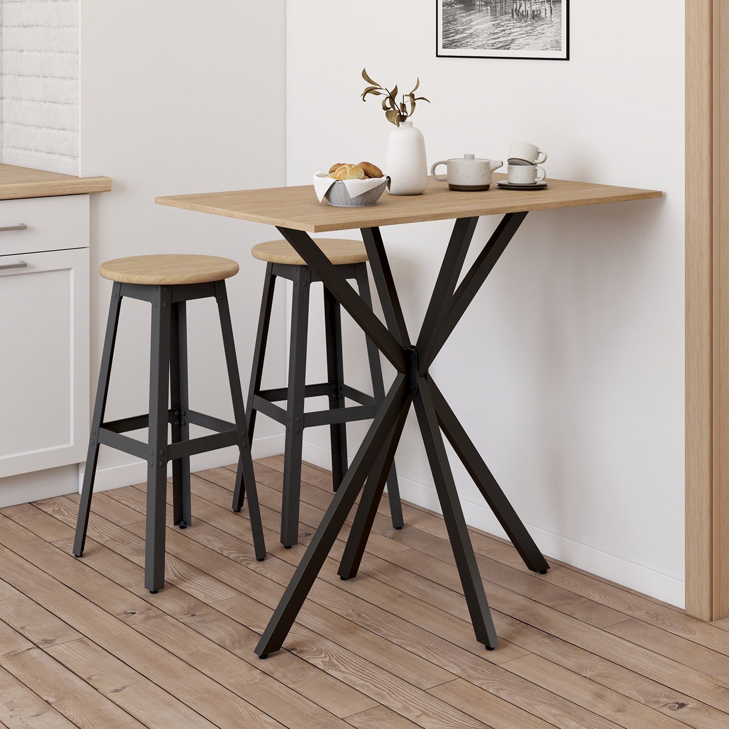 Table haute mange debout recangulaire bois et métal noir pied araignée 100 cm