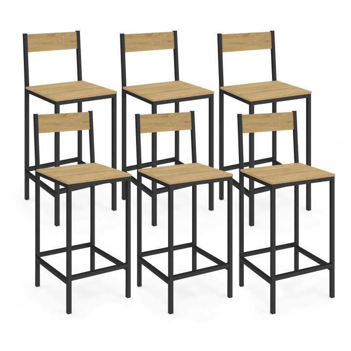 Lot de 6 tabourets de bar DETROIT avec dossier chaise de cuisine design industriel