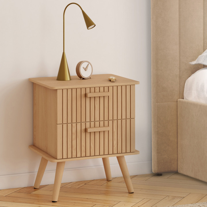 Juego de 2 mesitas de noche con 2 cajones y listones de madera en roble - JULIETTE | Juego de 2 mesitas de noche con 2 cajones y