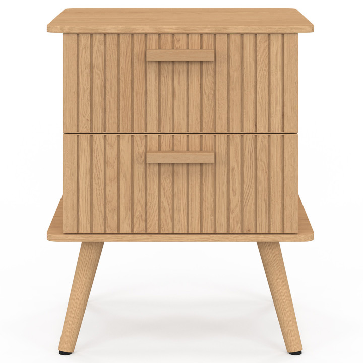 Juego de 2 mesitas de noche con 2 cajones y listones de madera en roble - JULIETTE | Juego de 2 mesitas de noche con 2 cajones y