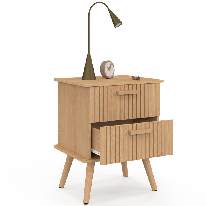 Juego de 2 mesitas de noche con 2 cajones y listones de madera en roble - JULIETTE | Juego de 2 mesitas de noche con 2 cajones y