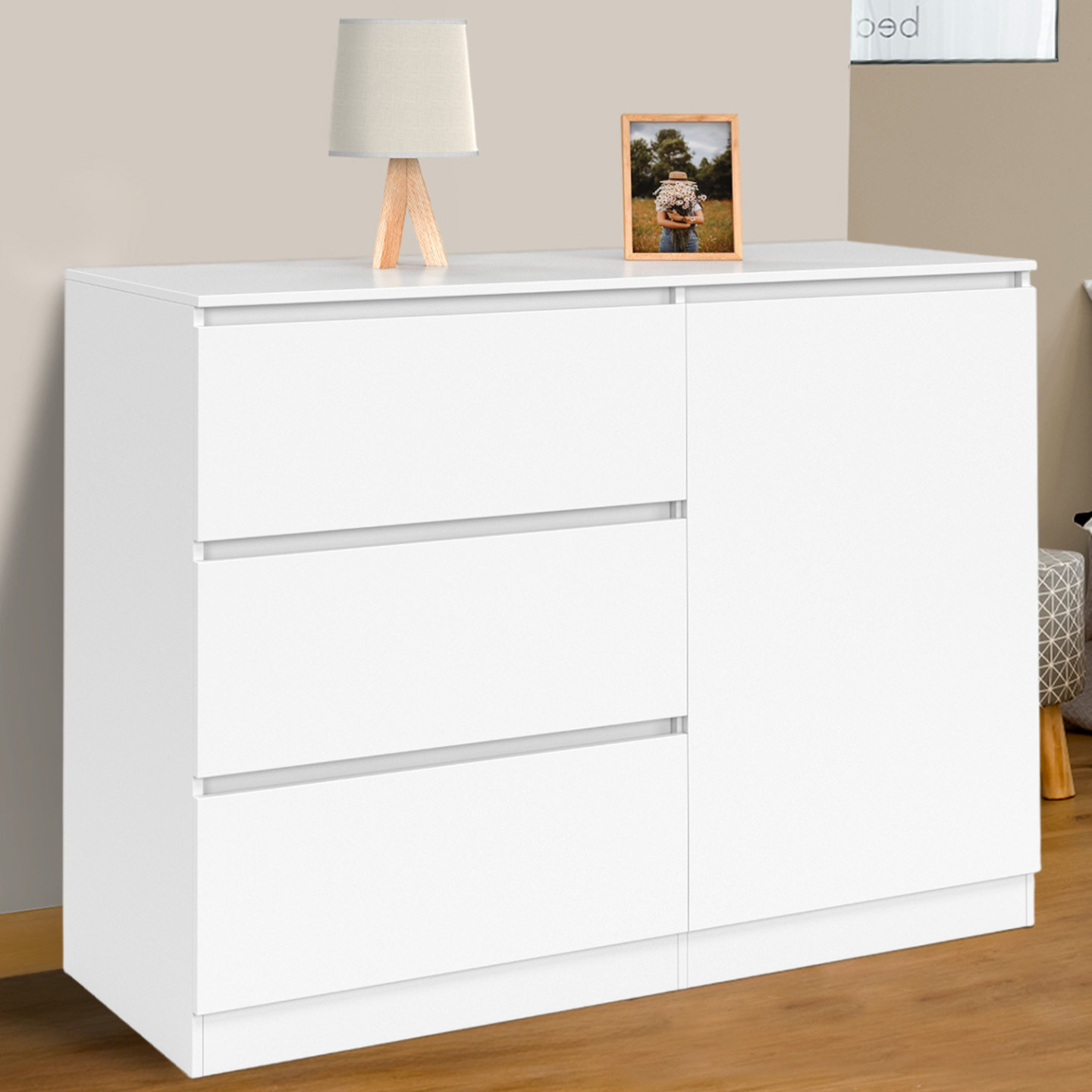 Kommode mit 3 Schubladen + 1 Tür 110 cm Holz weiß - TOMI