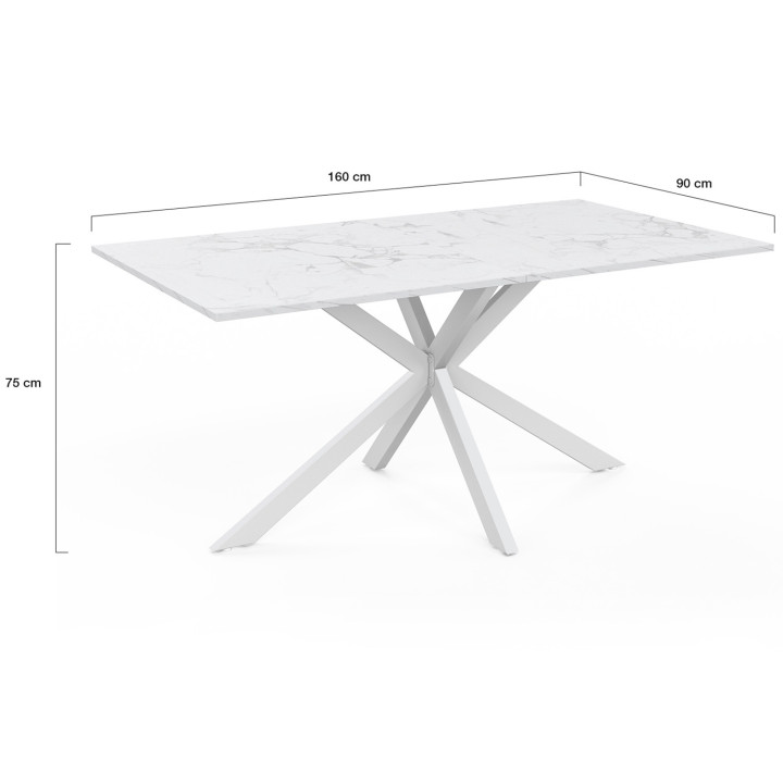 Mesa de comedor rectangular 160 cm 8 comensales pata de araña blanca tablero efecto mármol blanco ALIX | IDMarket