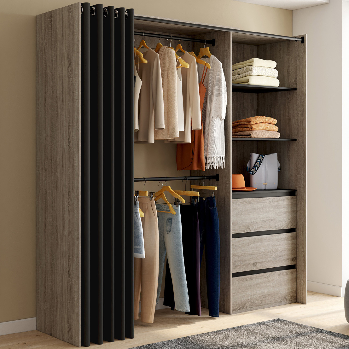 Dressing extensible 120/170 x 50 x 180 cm hêtre avec 3 tiroirs ...