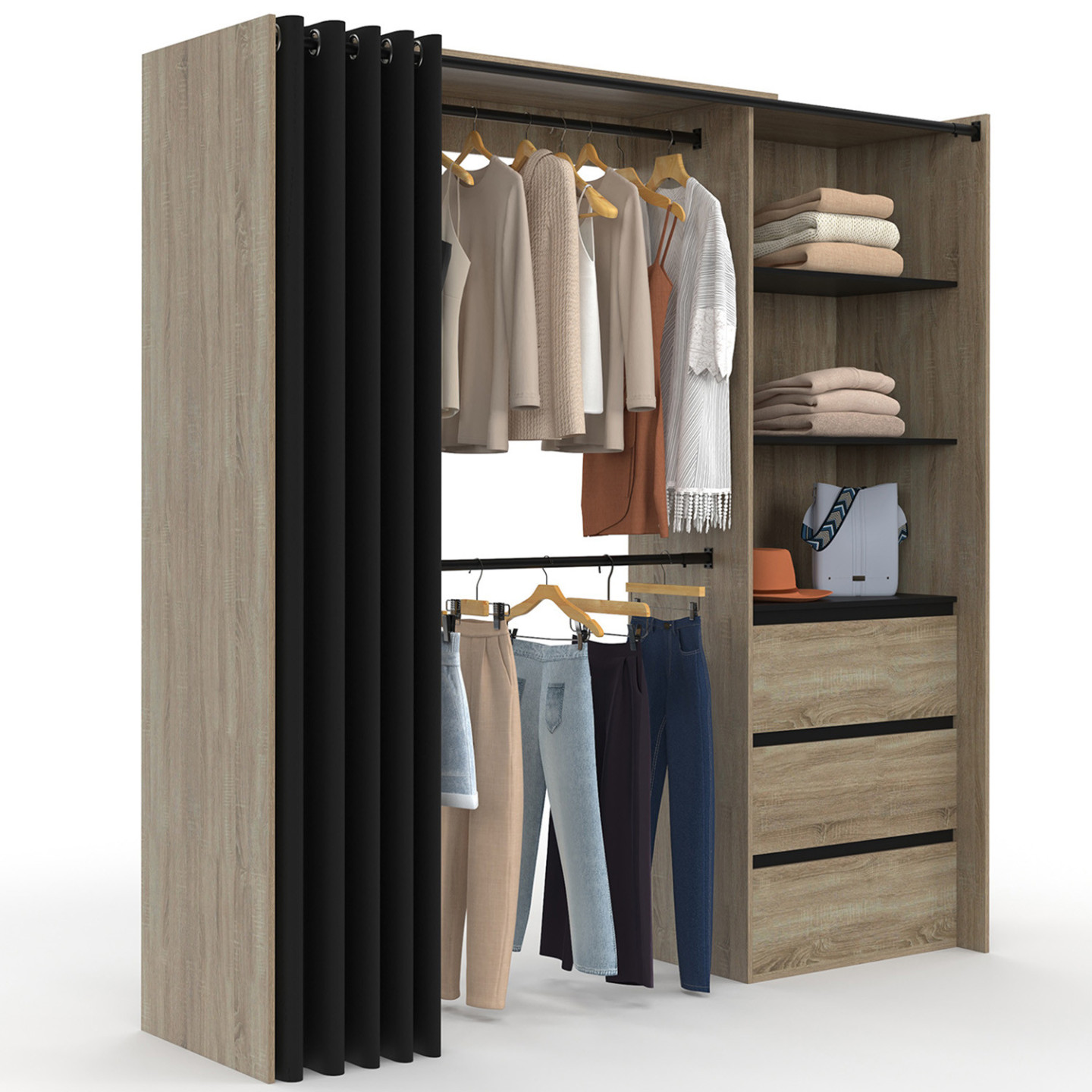Dressing IDMarket Marty Extensible 120-170cm Hêtre Penderies étagères Tiroir 120-170cm - Hêtre Avec Étagères Et Penderie Double - Rideau Taupe Dressing Marty Idmarket