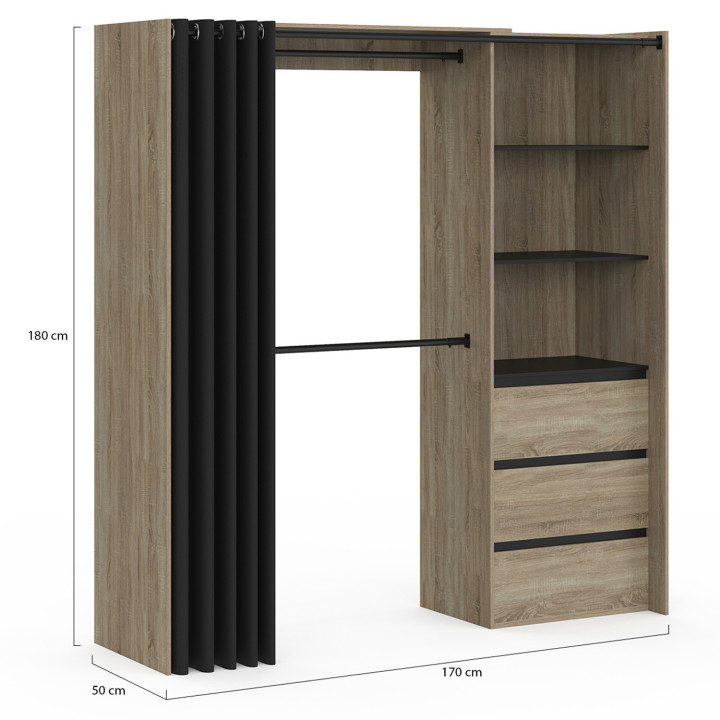 Armario expansible 120/170 x 50 x 180 cm haya con 3 cajones + estantes + doble espacio para colgar + cortina negra - MARTY | IDM