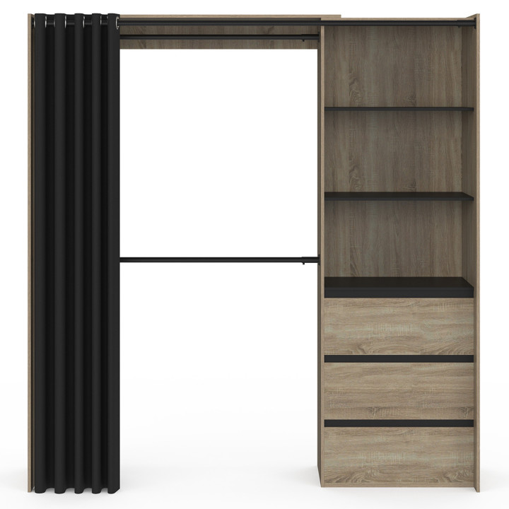 Armario expansible 120/170 x 50 x 180 cm haya con 3 cajones + estantes + doble espacio para colgar + cortina negra - MARTY | IDM