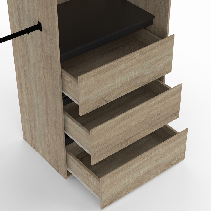 Armario expansible 120/170 x 50 x 180 cm haya con 3 cajones + estantes + doble espacio para colgar + cortina negra - MARTY | IDM