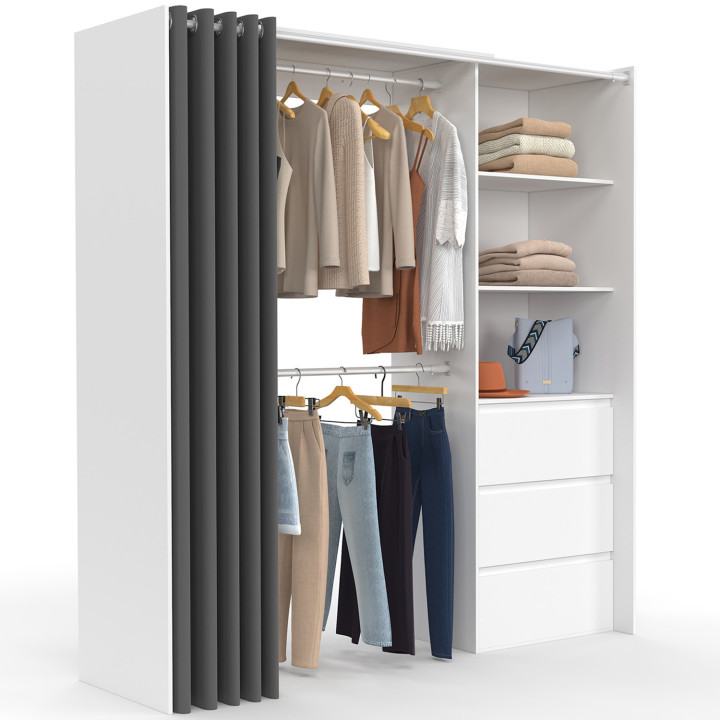 Armario expandible 120/170 x 50 x 180 cm blanco con 3 cajones + estantes + doble espacio para colgar + cortina gris - MARTY | ID