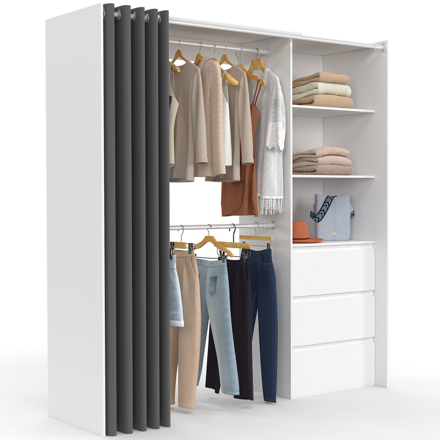 Ausziehbarer Kleiderschrank 120/170 x 50 x 180 cm weiß mit 3 Schubladen + Regalen + doppelter Garderobe + grauem Vorhang - MARTY