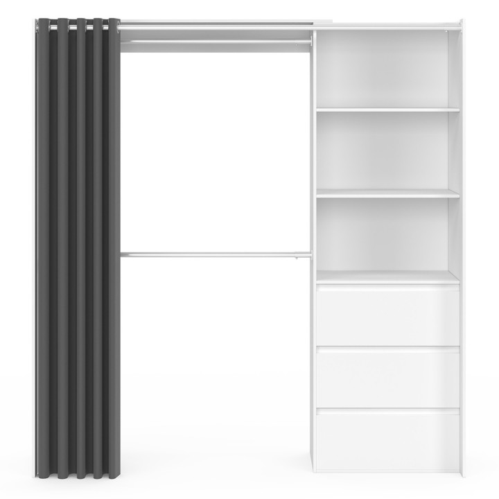 Armario expandible 120/170 x 50 x 180 cm blanco con 3 cajones + estantes + doble espacio para colgar + cortina gris - MARTY | ID