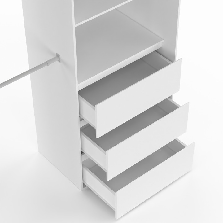 Armario expandible 120/170 x 50 x 180 cm blanco con 3 cajones + estantes + doble espacio para colgar + cortina gris - MARTY | ID